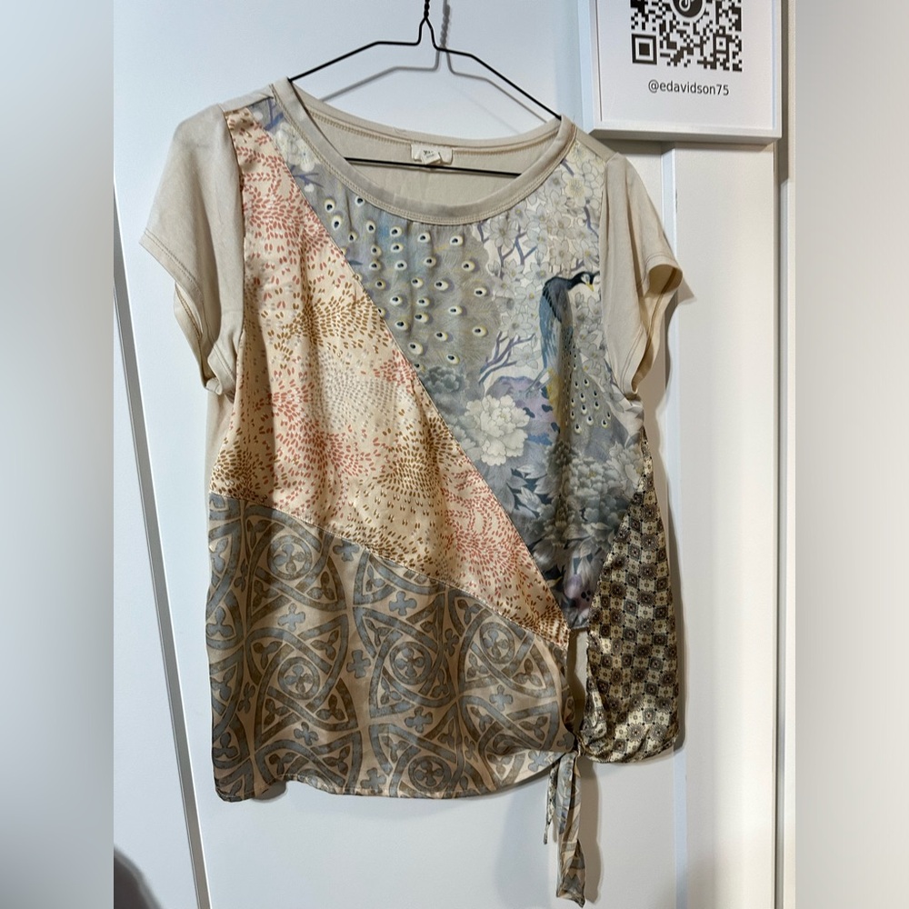 Anthropologie brand Tiny, peacock silky tee with side tie